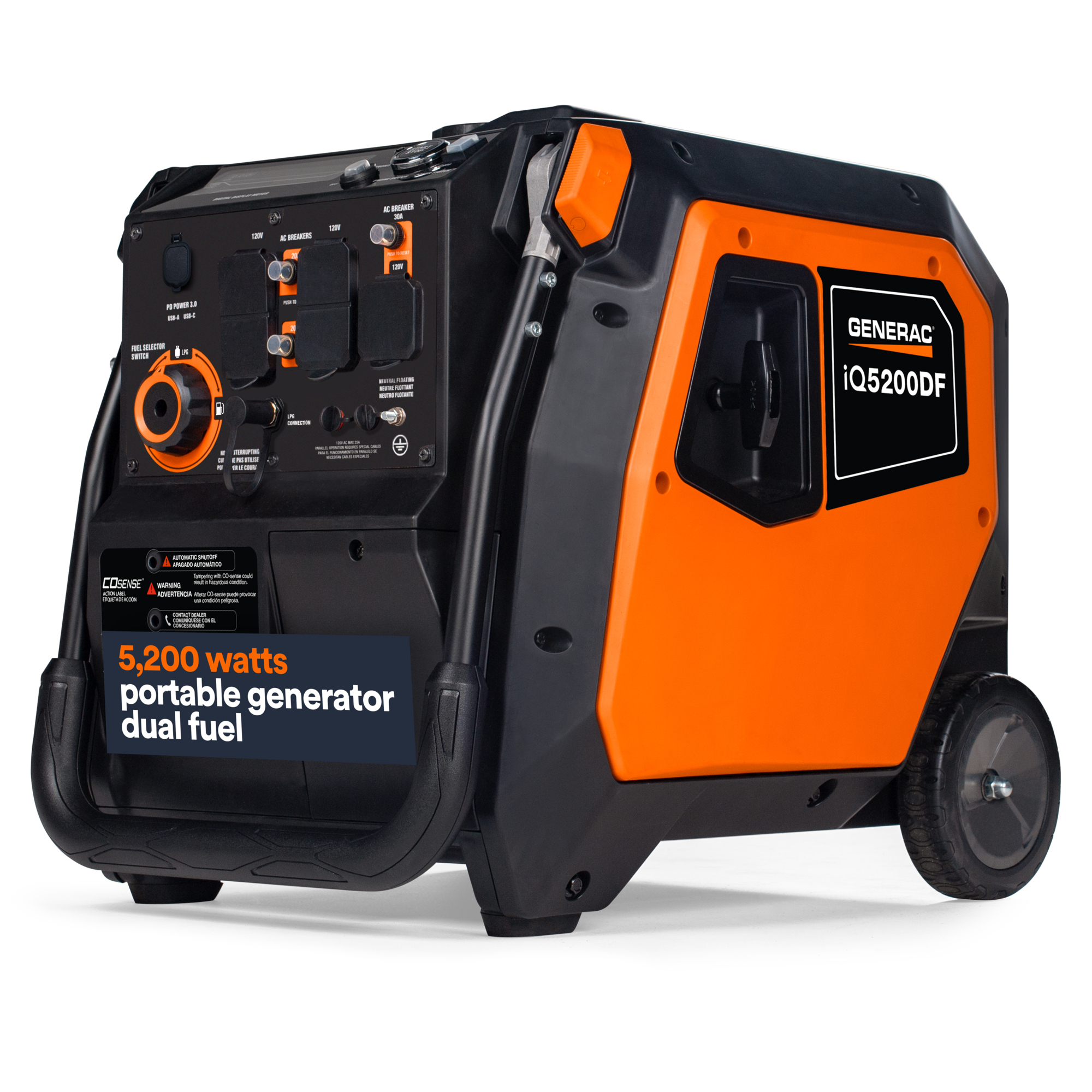 Generac 8947 iQ5200DF 5200 / 3900 Watt Dual Fuel Portable Inverter Generator w/ COSense, Electric Start with Battery Included, 50ST